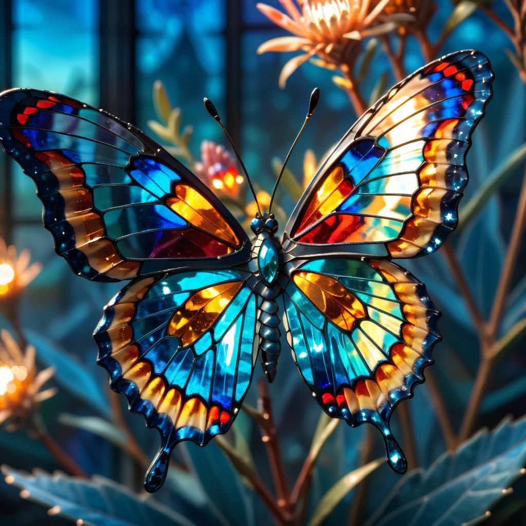 Crystal Butterfly Stained Glass in Golden Light