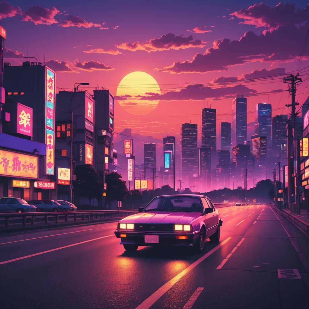 Tokyo nights 80s retro car drives on the road at the sunset