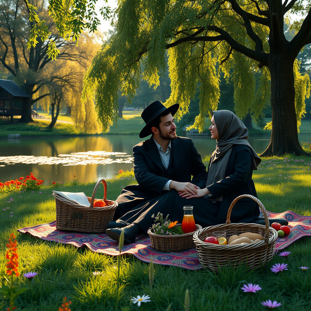 Hasidic Couple in Dreamlike Park Setting