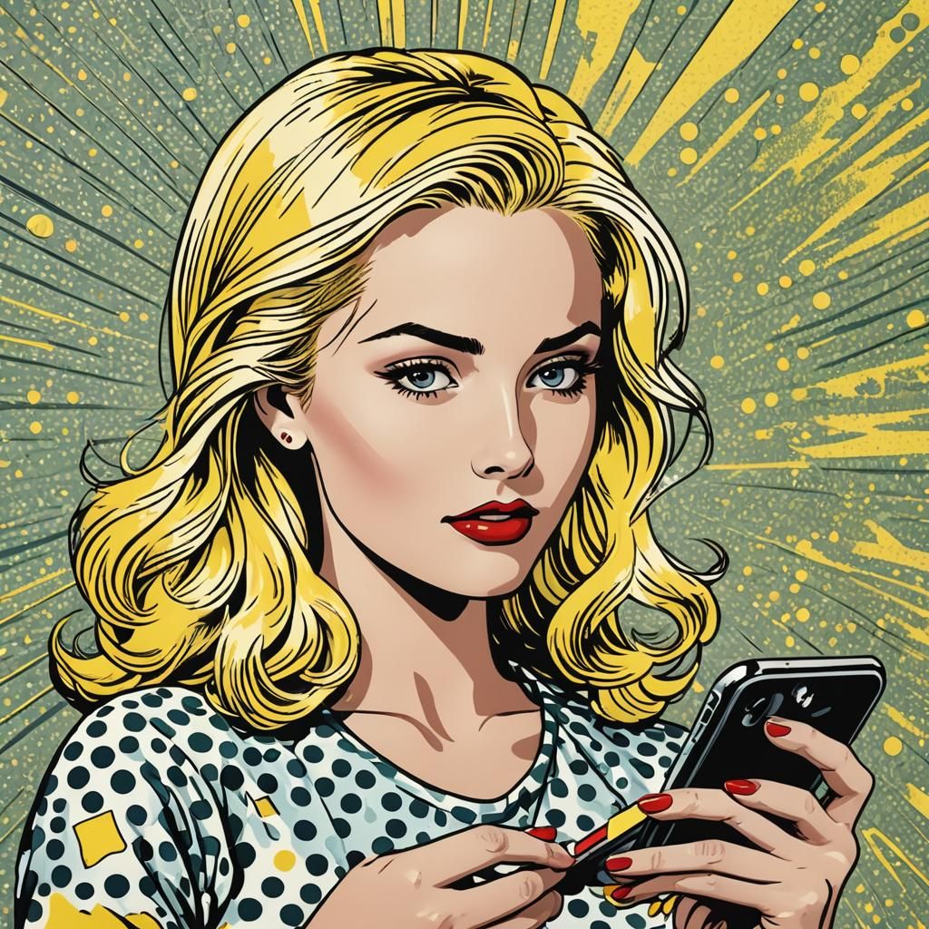 Blonde Woman with iPhone in Pop Art Style
