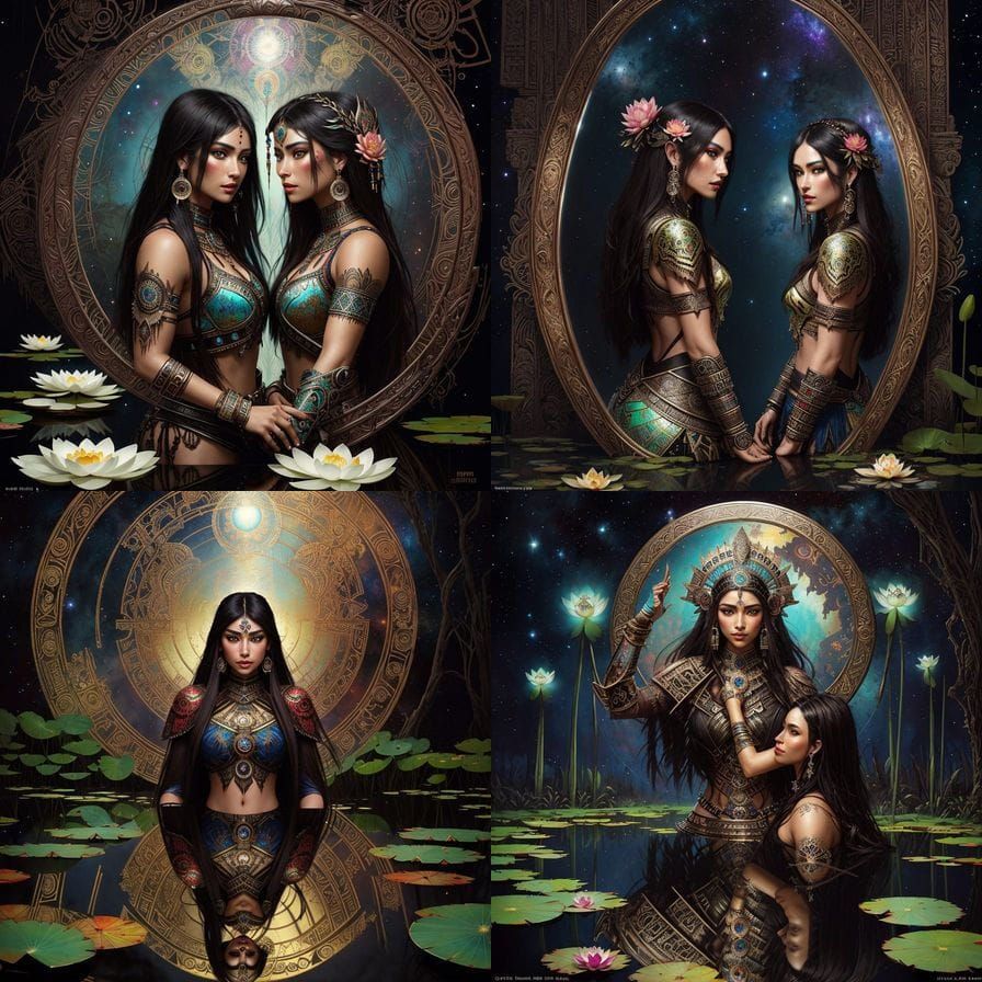 Aztec Goddess Contemplating Cosmic Beauty in a Lotus Pond