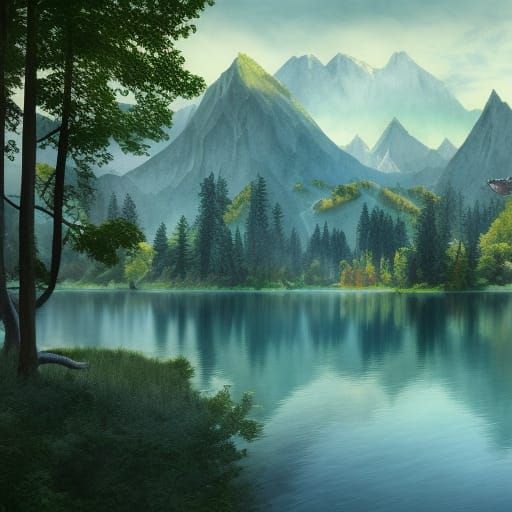 Watercolor Lake Surrounded by Mountains and Trees