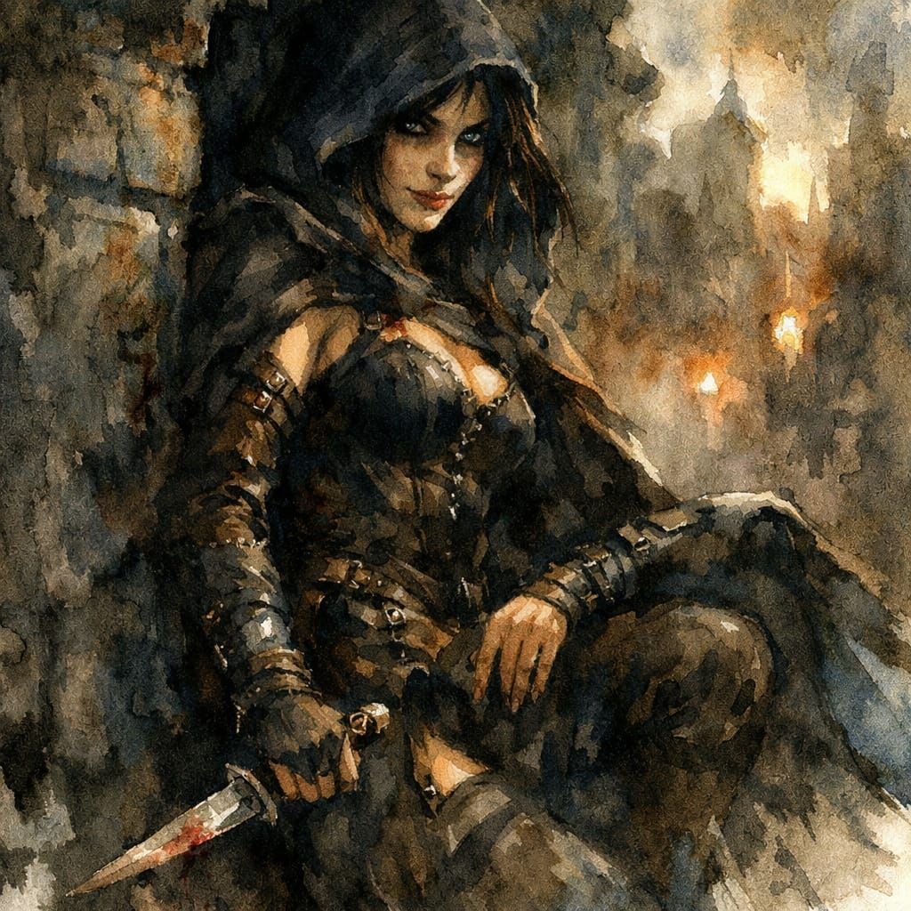 Female Rogue Assassin Lurking in Shadows