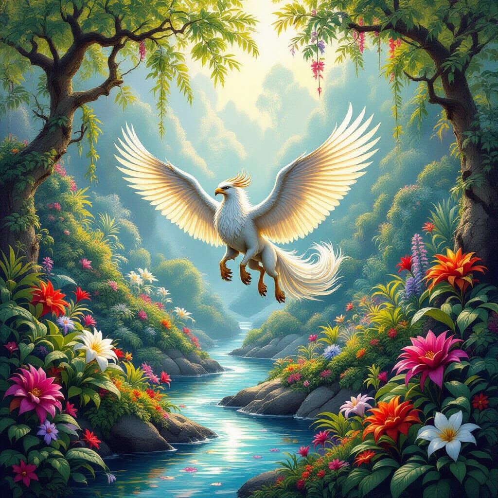 Gryphon Lands in Vibrant Enchanted Garden Oil Painting