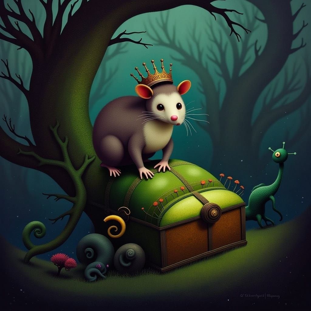 Opossum King on Treasure Chest in Enchanted Forest