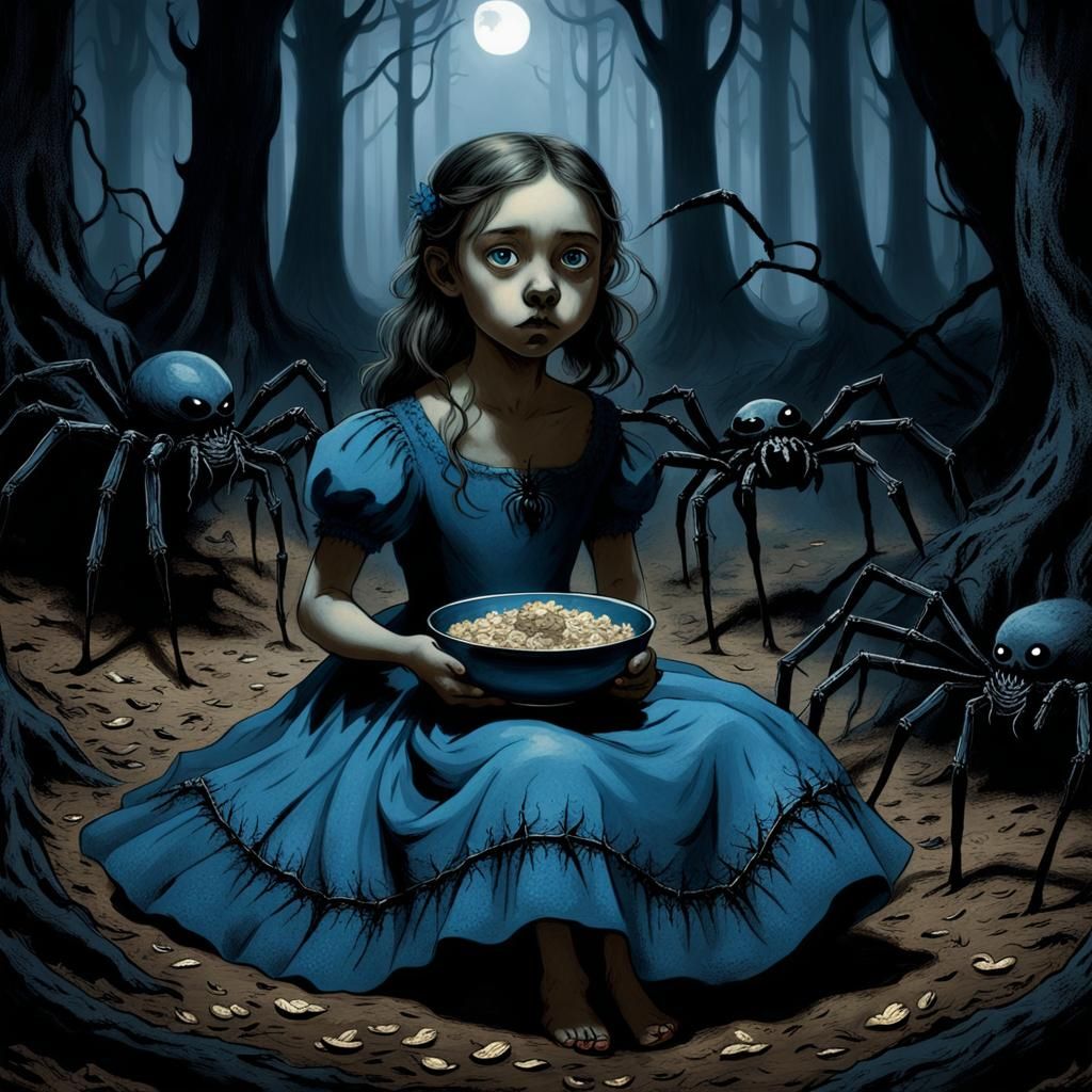 Eerie Forest Scene: Girl, Oatmeal, and Shadow Spider