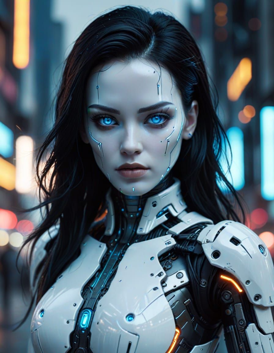 Hyperrealistic Female Cyborg in Cyberpunk Cityscape