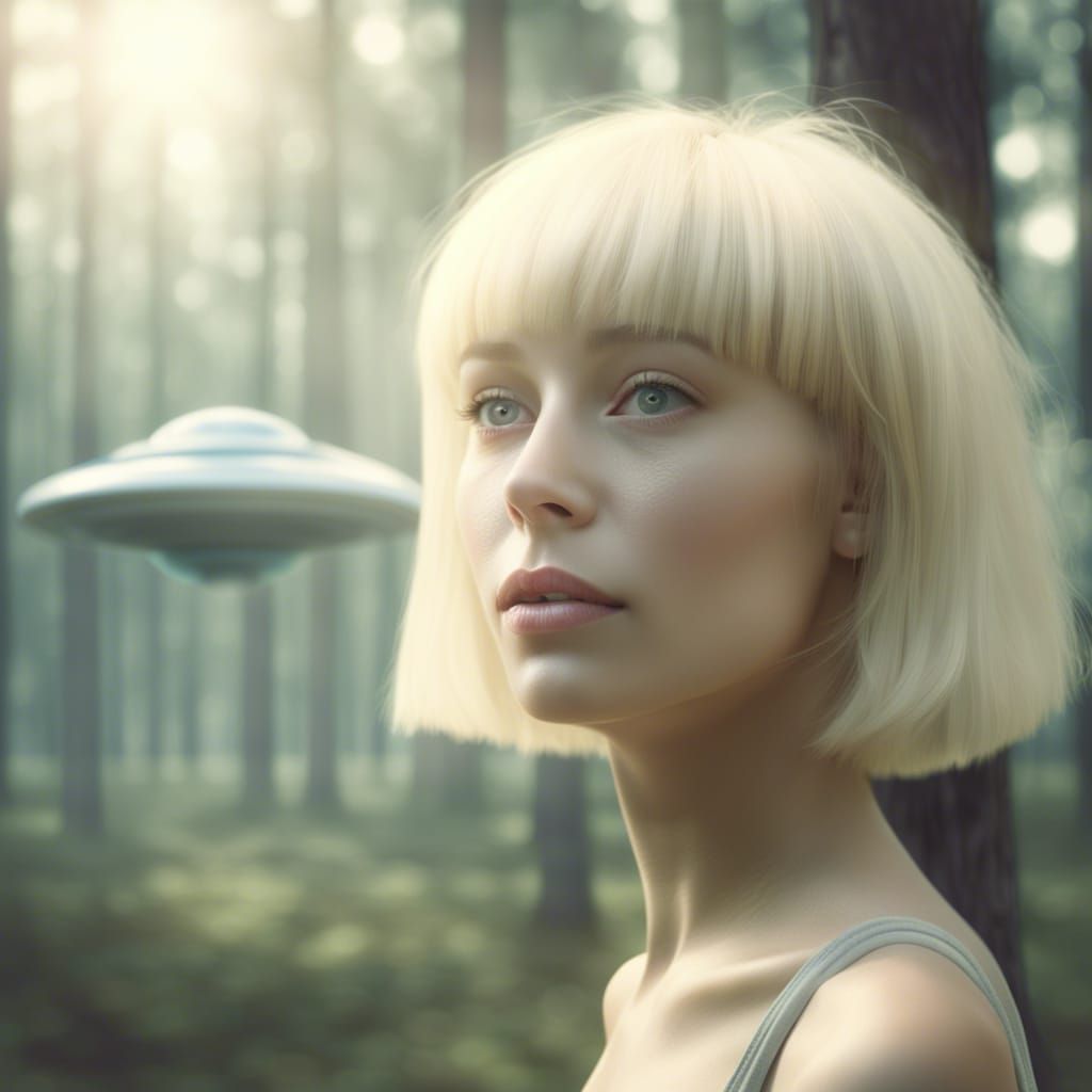 Blond Alien Woman Sunbathing in Forest with UFO