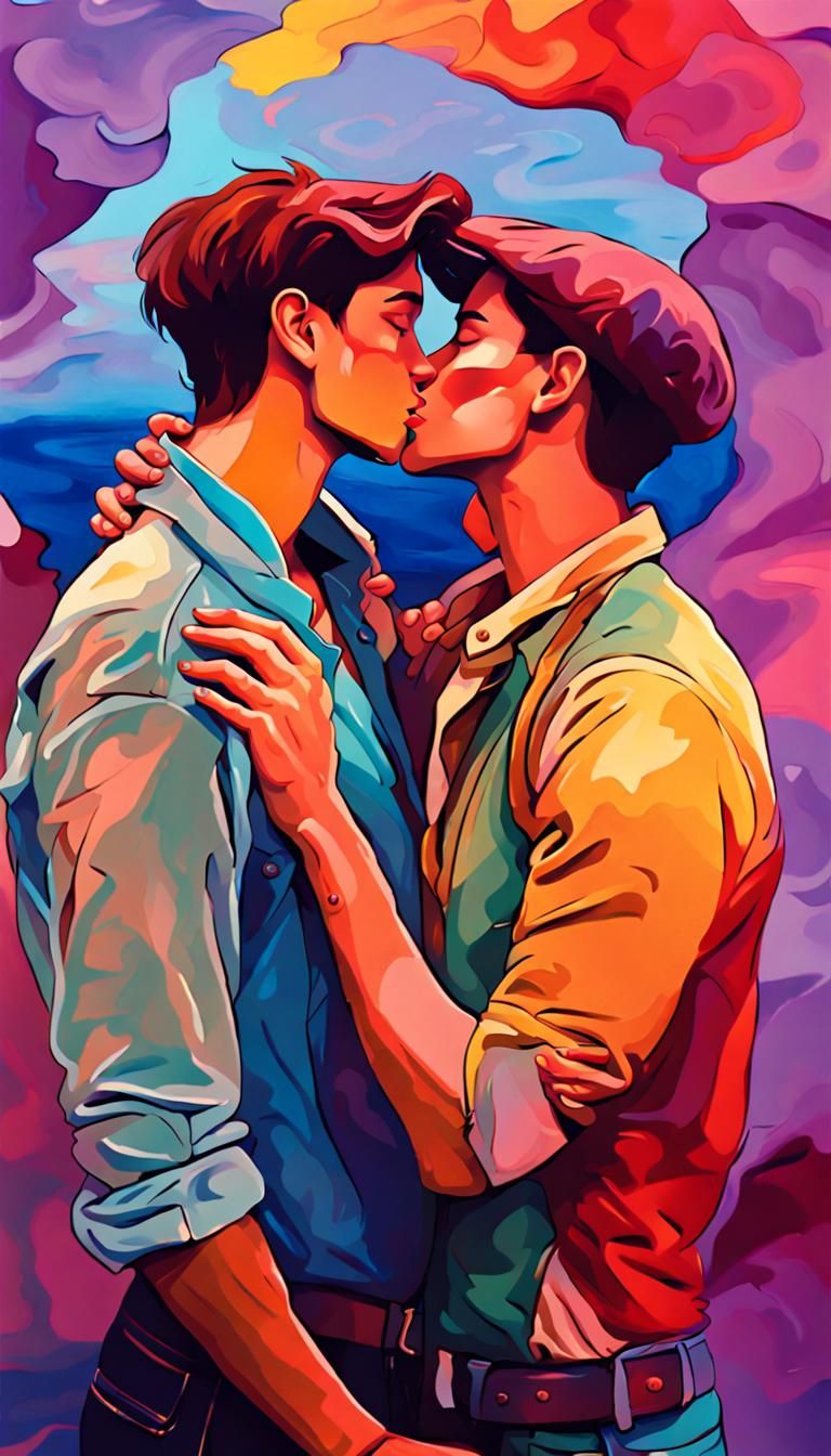 Romantic Kiss: Stylized Painting of Non-binary Couple