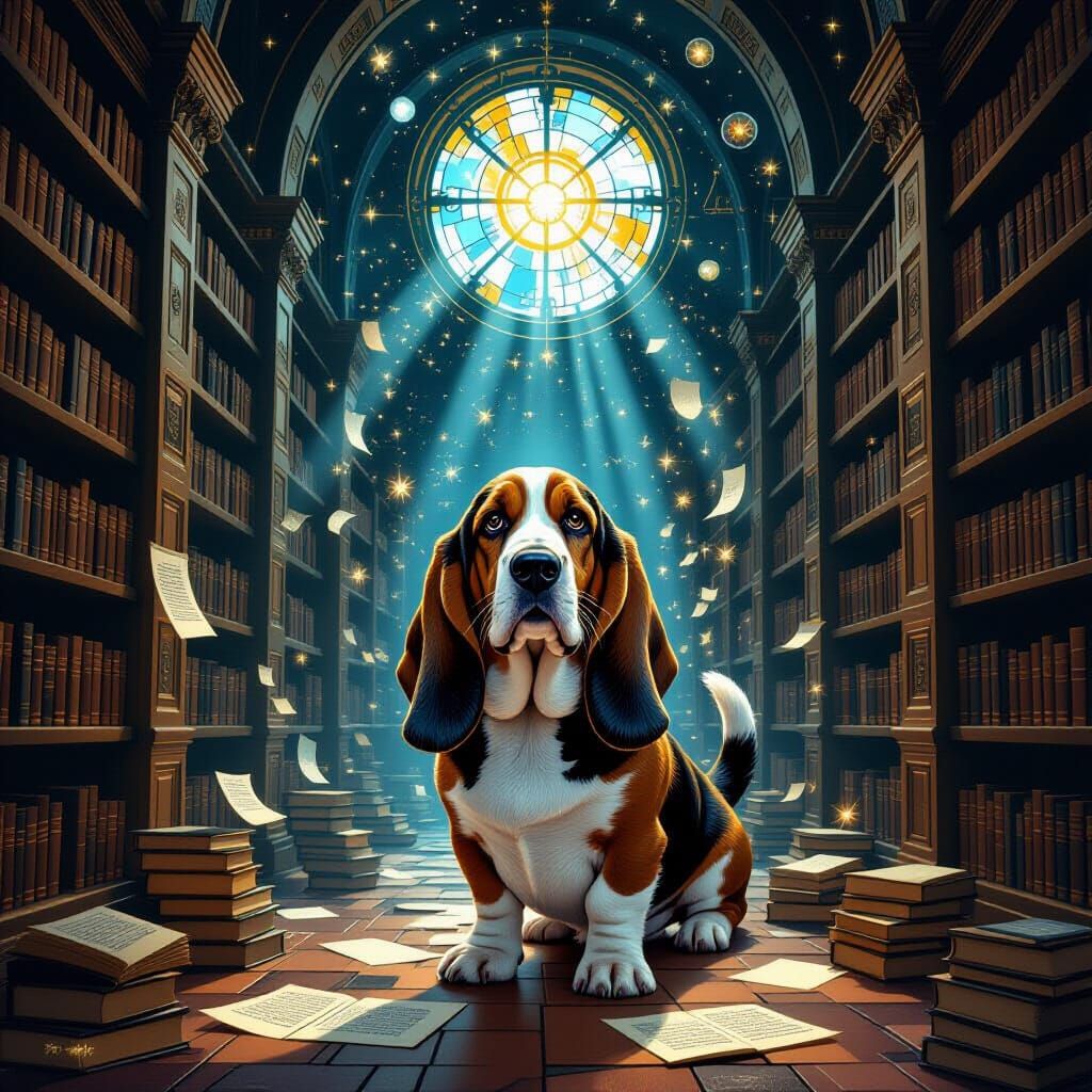 Ancient Basset Hound Guards Infinite Library in Surreal Styl...