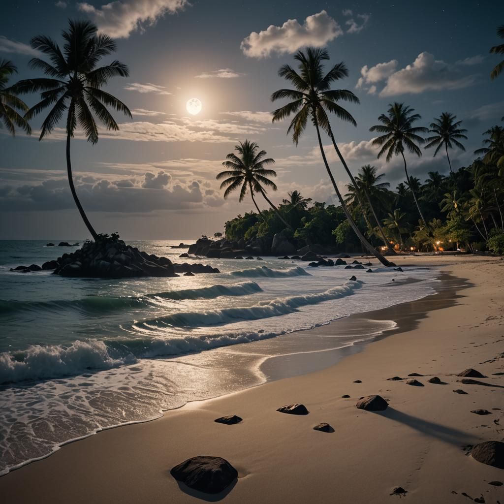 Idyllic Moonlit Beach with Breaking Waves: Cinematic Still