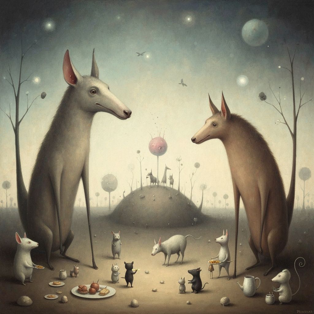 Whimsical Animal Banquet Painting with Elongated Forms