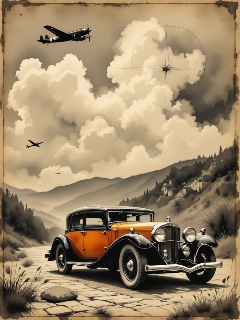 Vintage Travel Illustration: Antique Car & Aircraft
