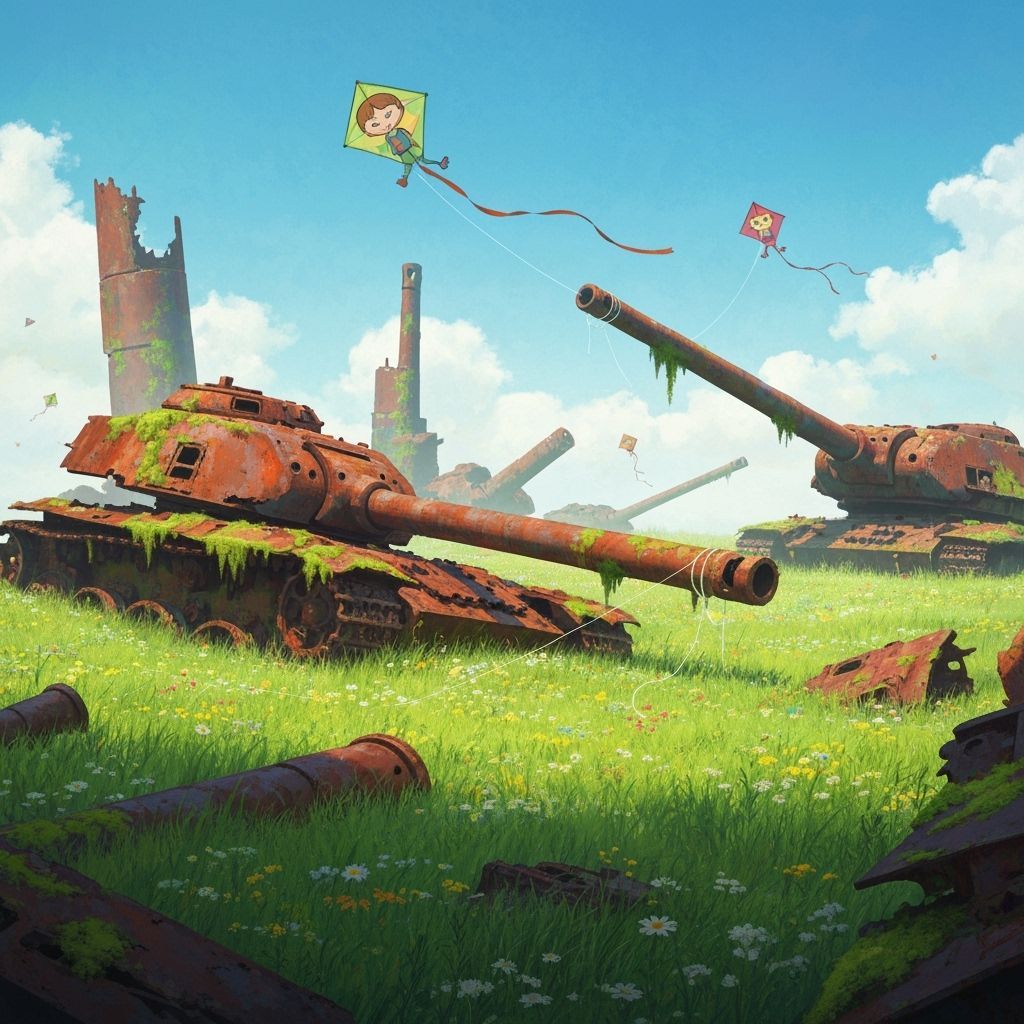 Life Reclaims War Machines: Kites Soar Over Peaceful Fields