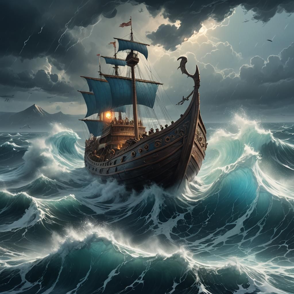 Viking Ship Encounters Sea Giant: Ethereal Concept Art