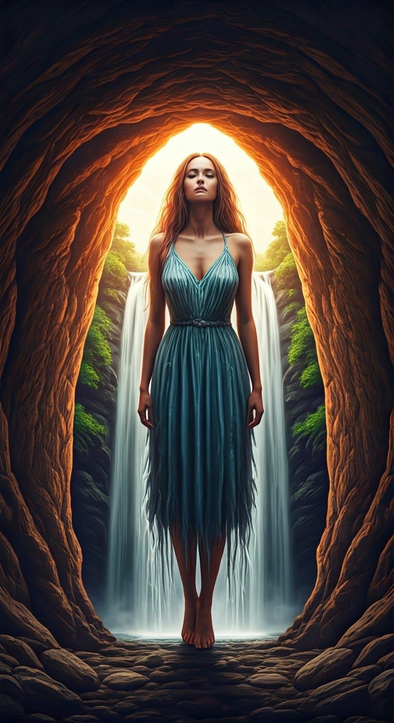 Stone Woman with Waterfall Hair and Dress
