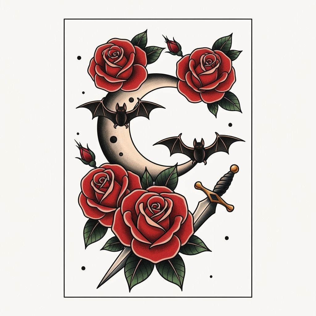flash tattoo sheet with red roses, bats, decorated daggers, ...