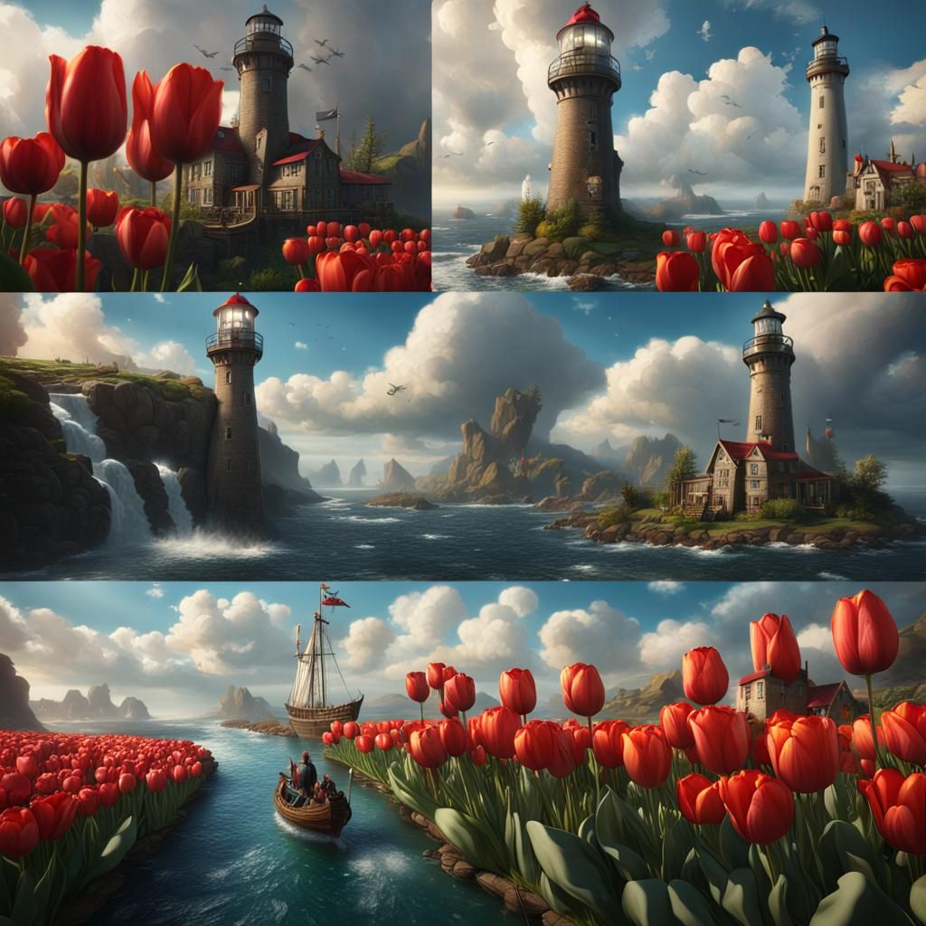 Fantastical Landscape with Tulips, Cats, and Pirate Ship
