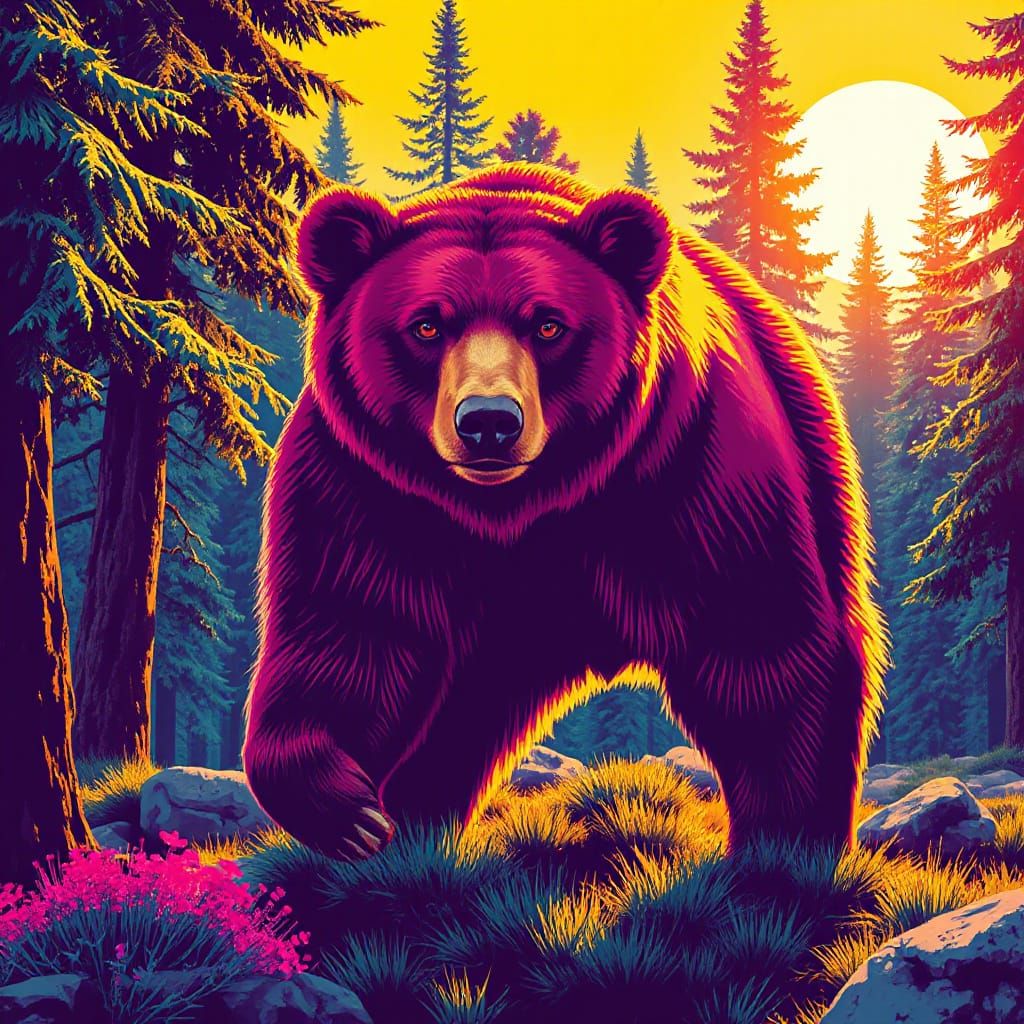 Pop Art Bear Amidst Cybernetic Forest at Golden Hour
