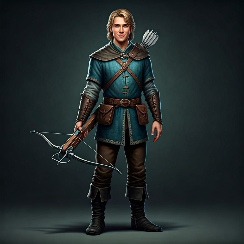 Dashing Dark Blond Huntsman in Teal Tunic