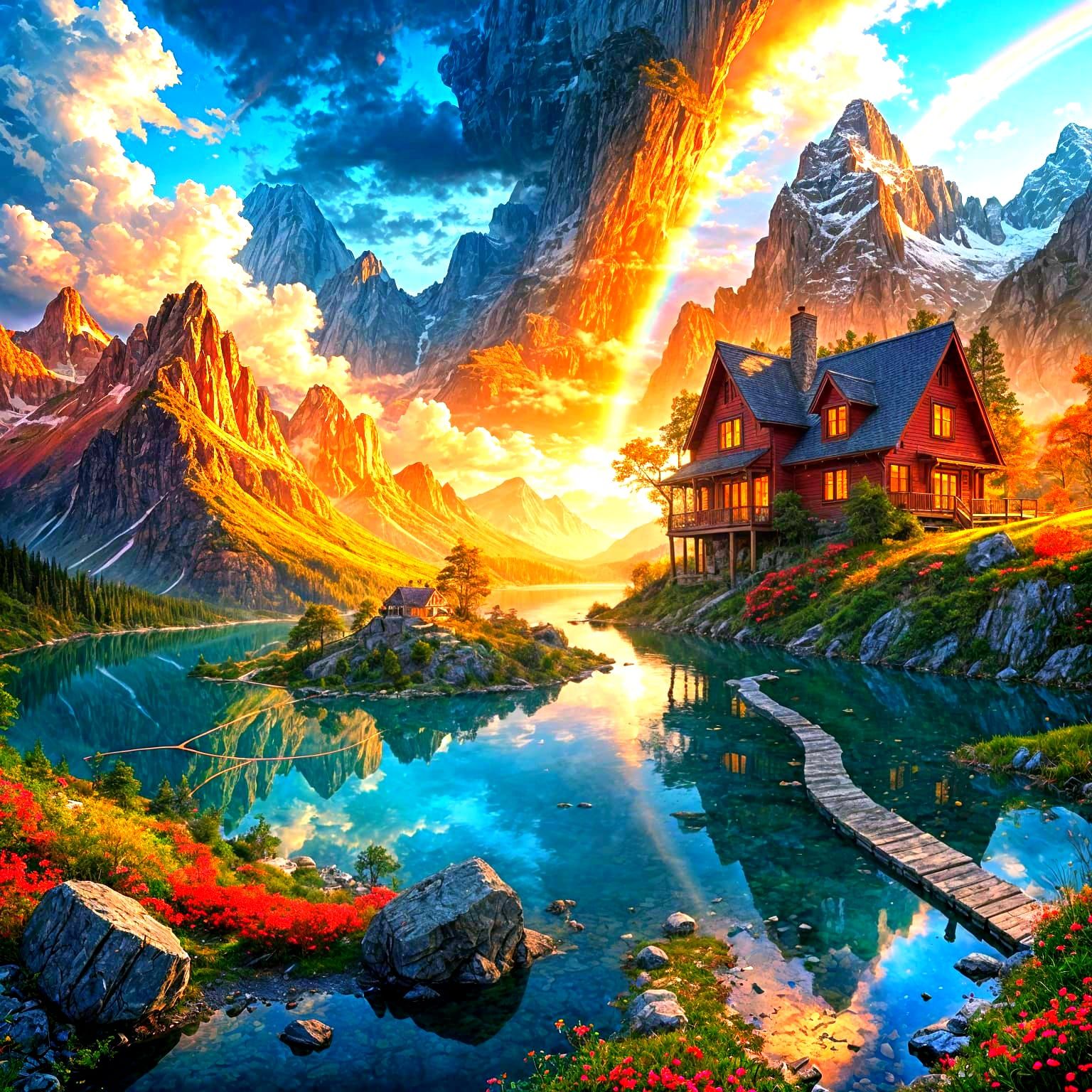 Rainbow Mountain Landscape with Red Path and Lake