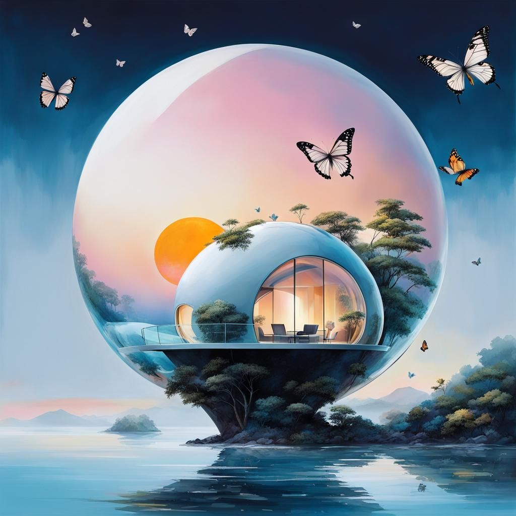Futuristic Crystal House Floating Above Ocean