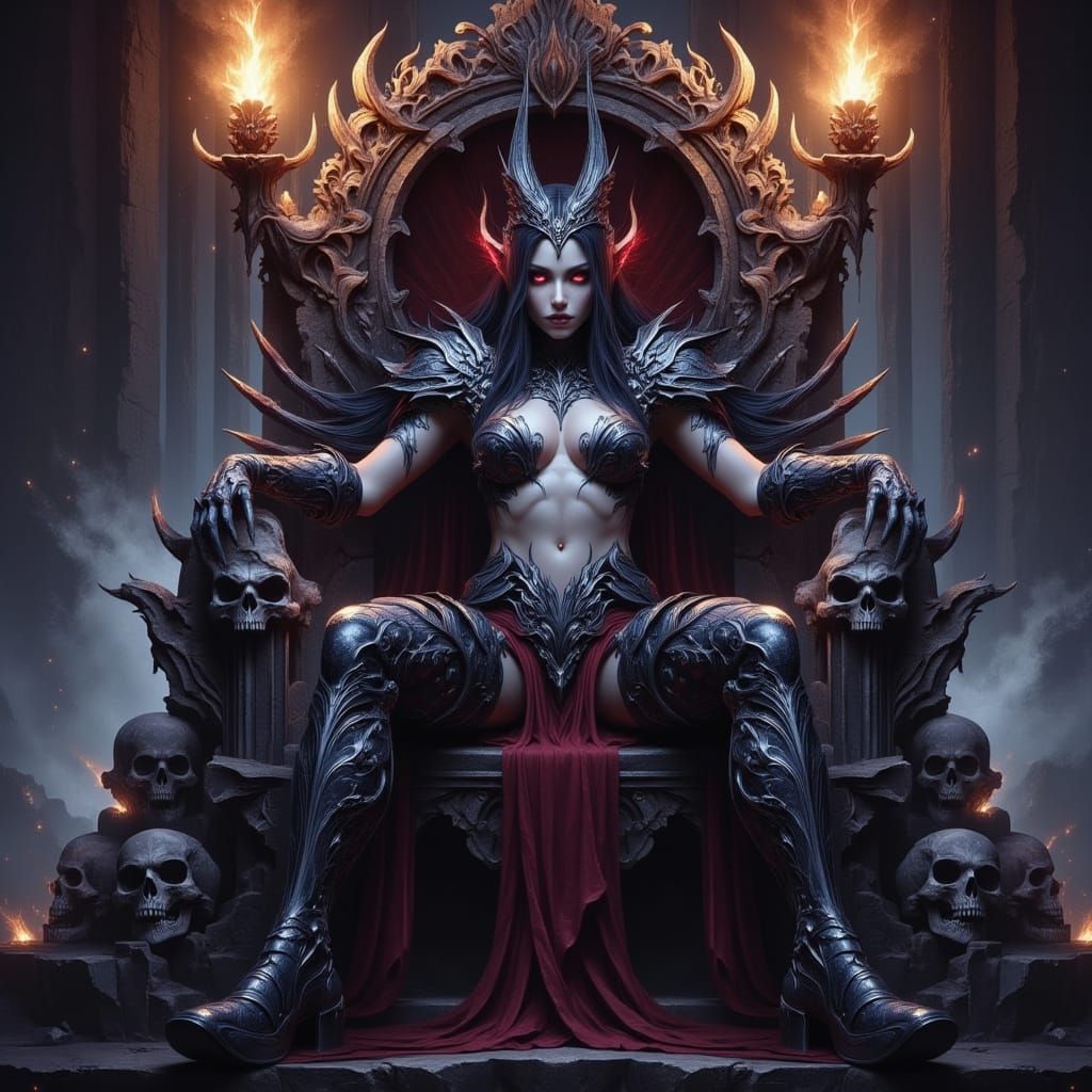 Drow Warrior Queen on Skull Throne in Dark Fantasy Style