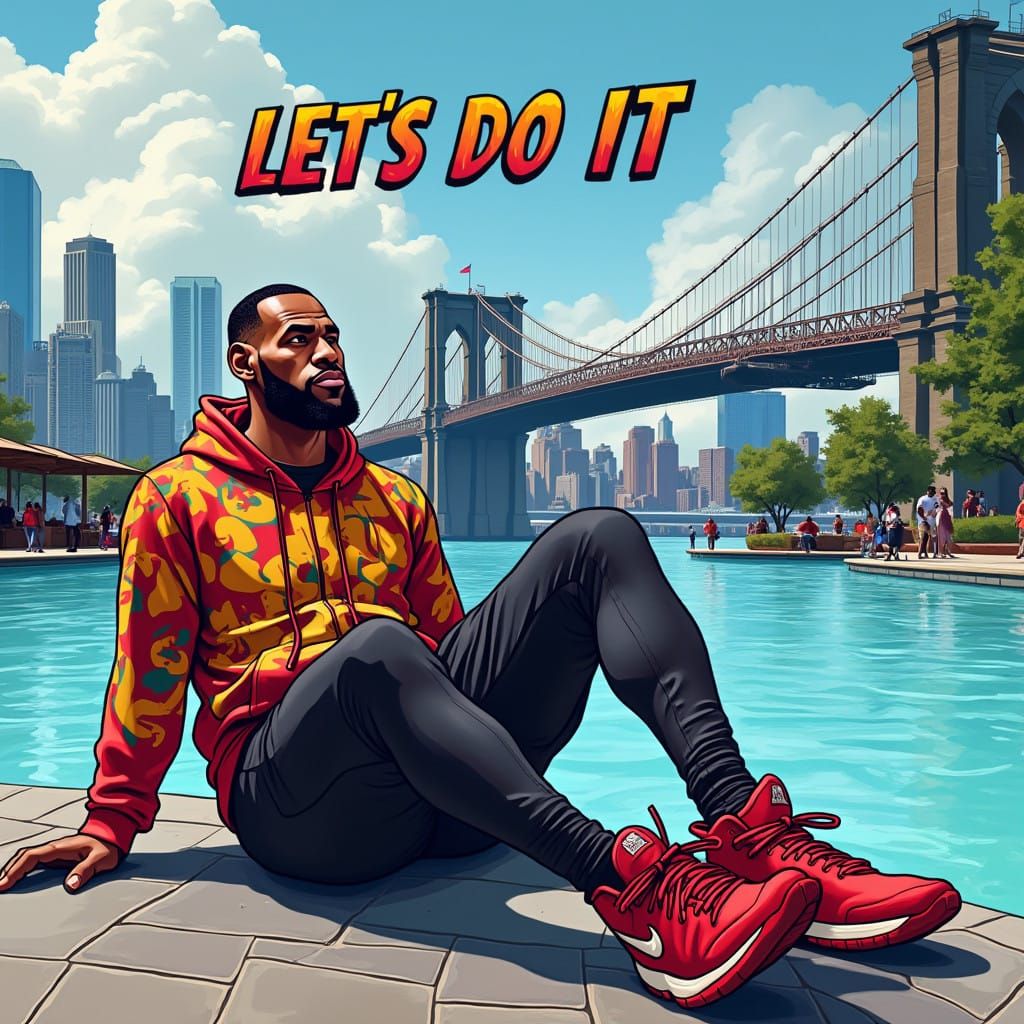 Relaxed LeBron James in a Brooklyn Cityscape, Basketball Art