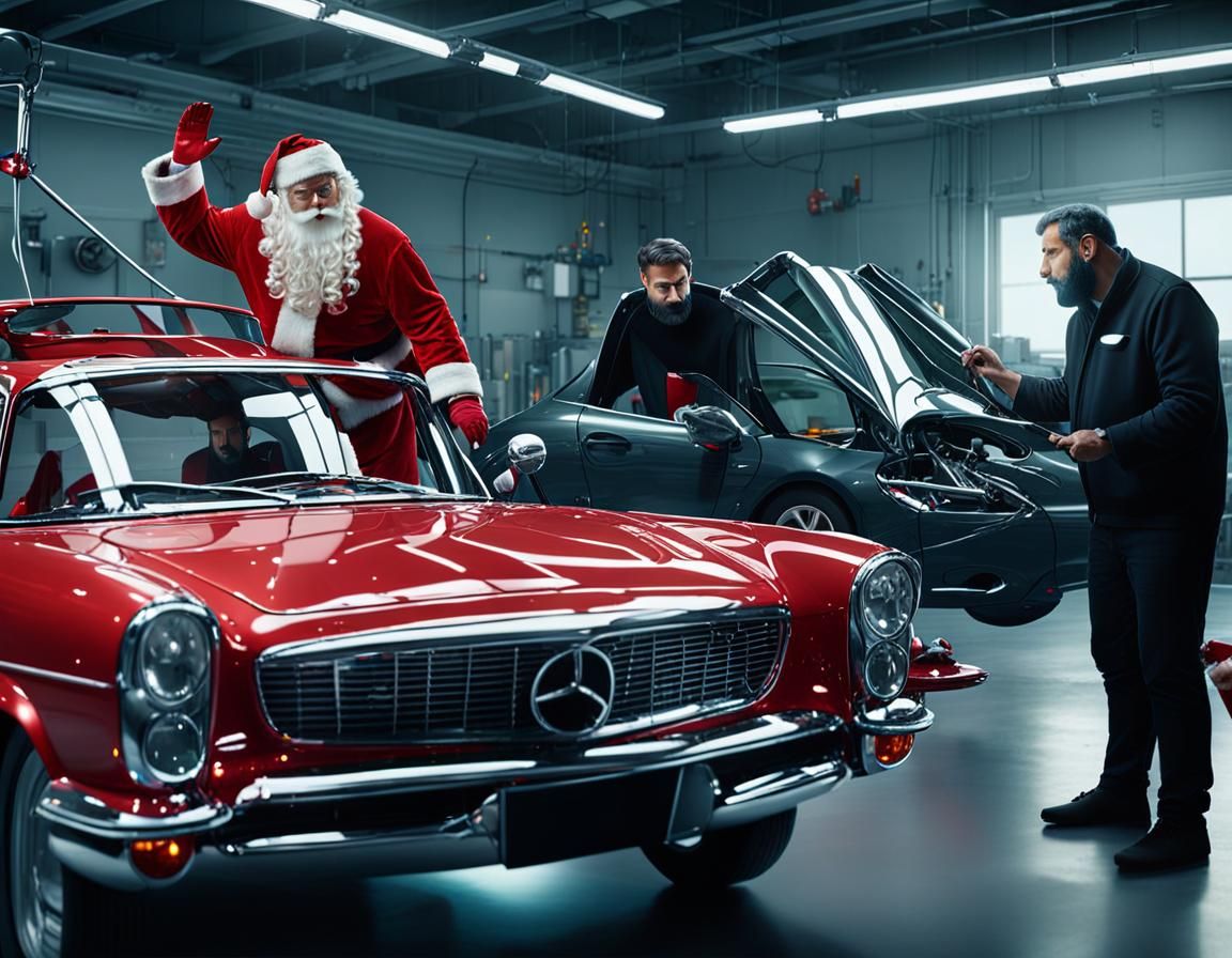 Santa's Car Repair: Hyper-Realistic Digital Art