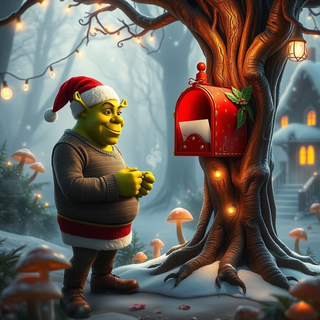 Whimsical Holiday Scene with Shrek and Twinkling Forest