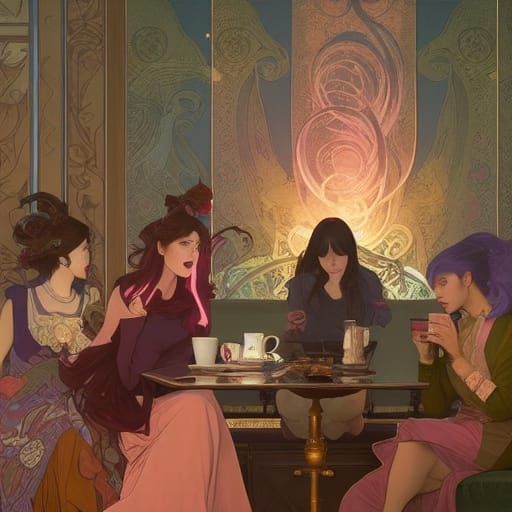 Medieval Women with Phones in Art Nouveau Style