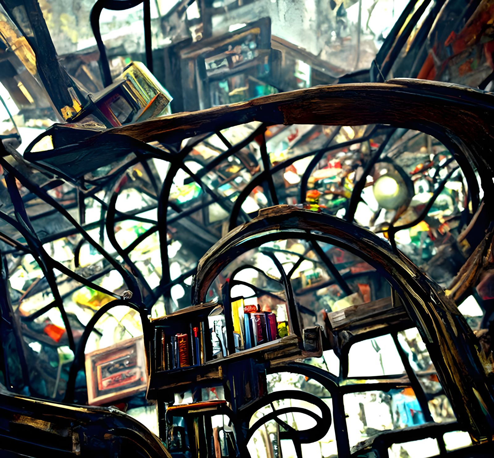 Eerie Overgrown Bookstore in Film Noir Style