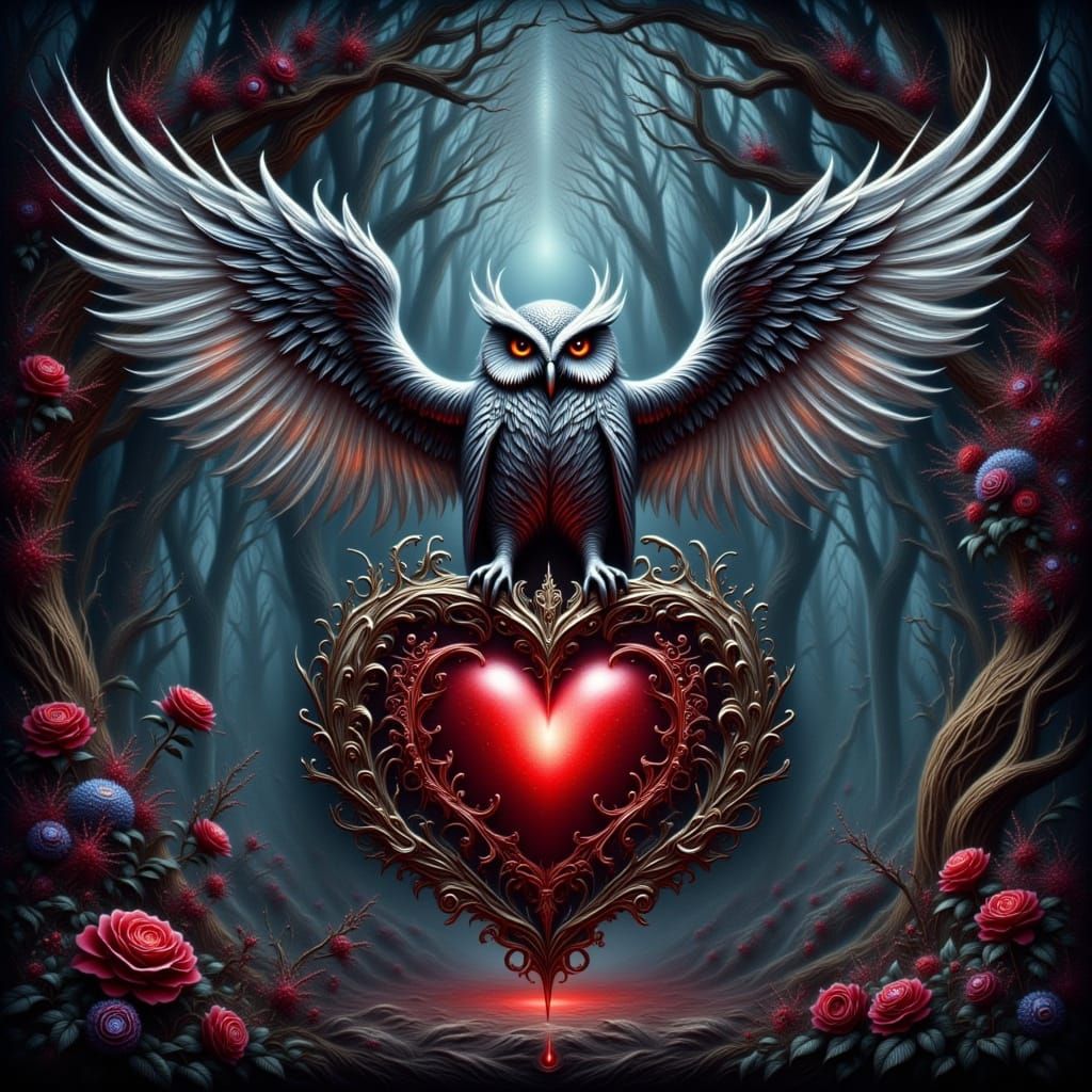 Majestic Silver Owl with Ornate Heart