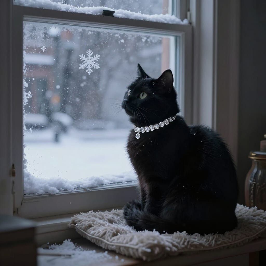 Cat Watches Snowflake Dance Outside Window