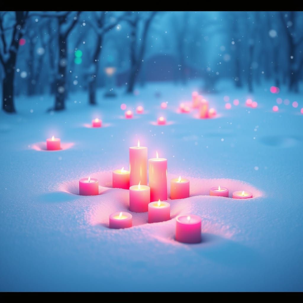 Magical Winter Wonderland with Pink Candles and Neon Lantern...