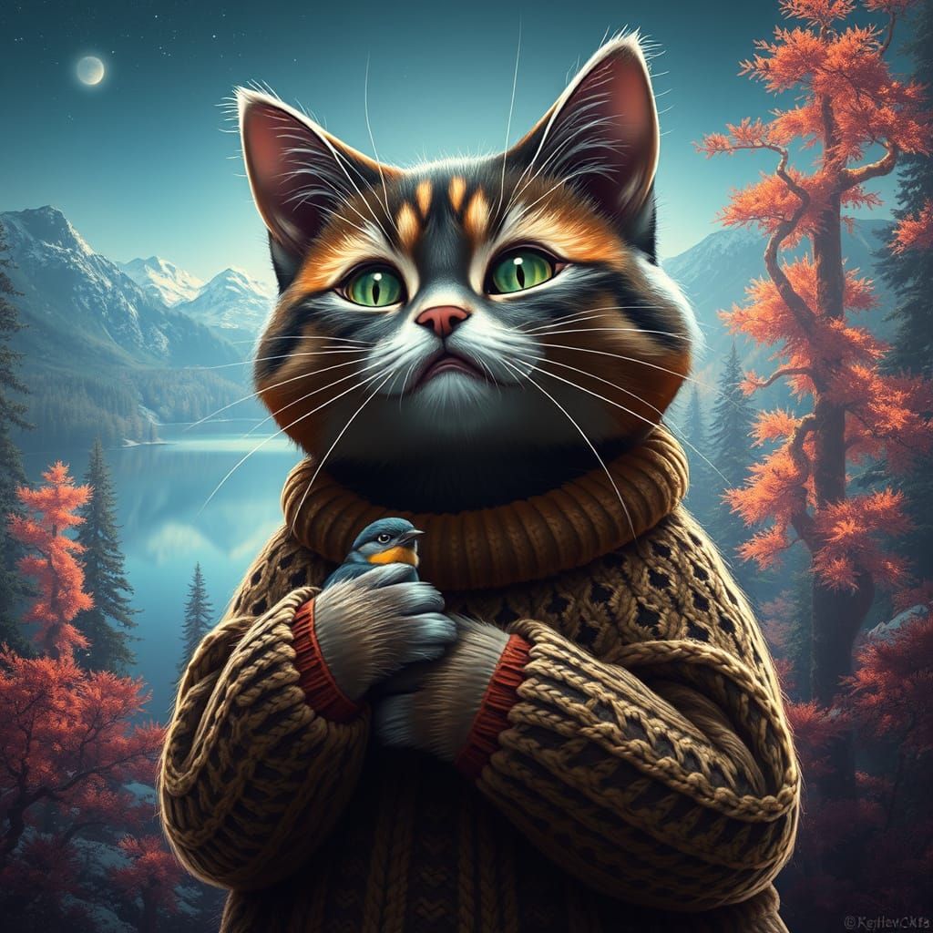 Whimsical Multicolored Cat Hugs Sparrow in Luminescent Fores...
