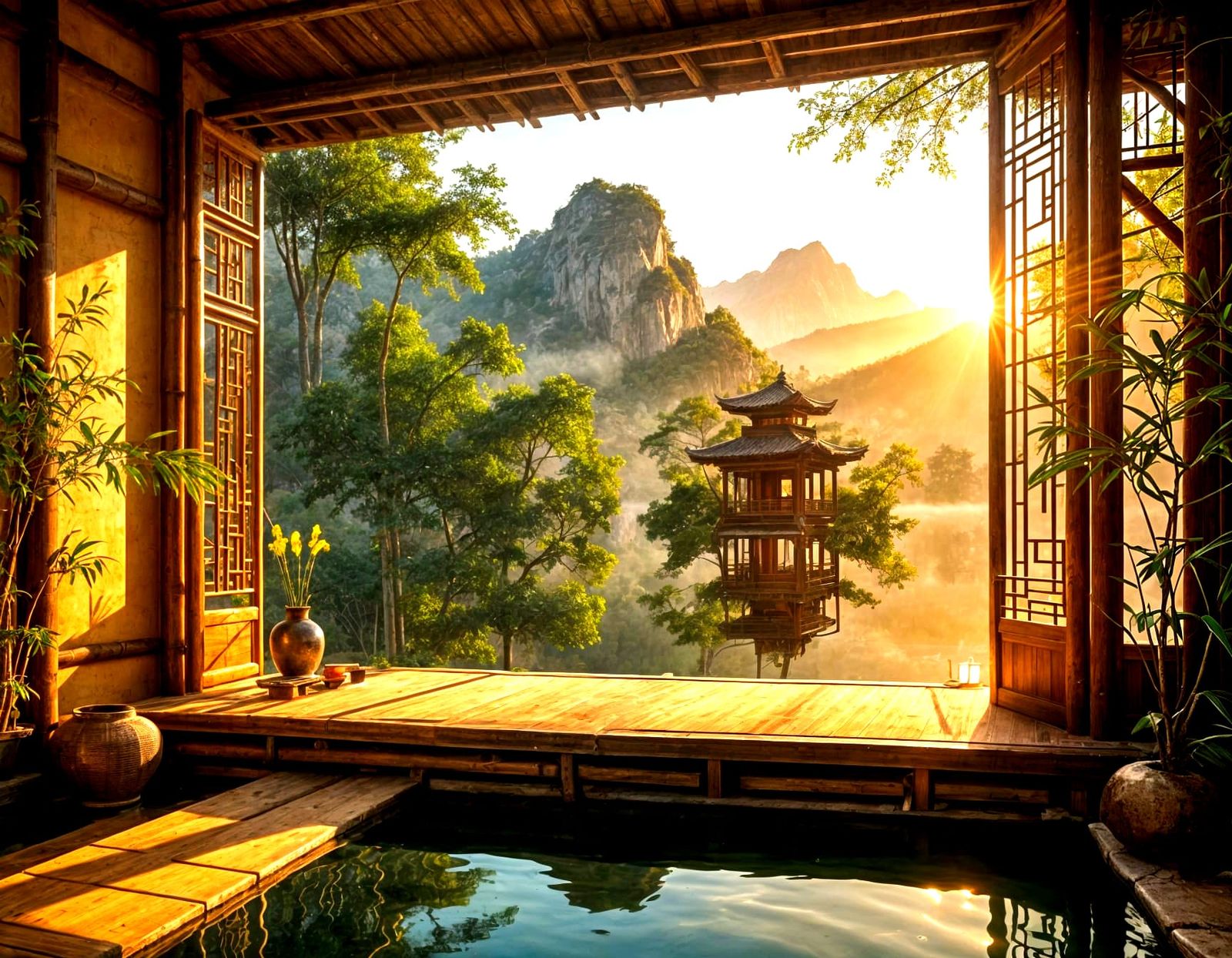 Floating Bamboo Martial Arts Studio on Serene Lake