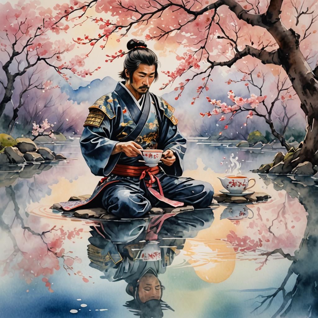 Samurai Warrior Bows in Floating Teacup Watercolor