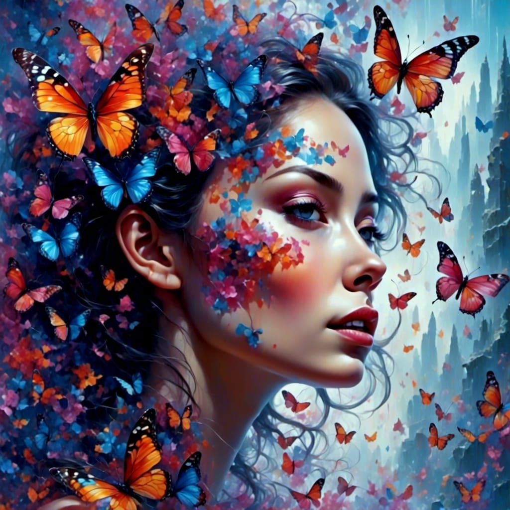 Rainbow Butterfly Woman in Double Exposure Style