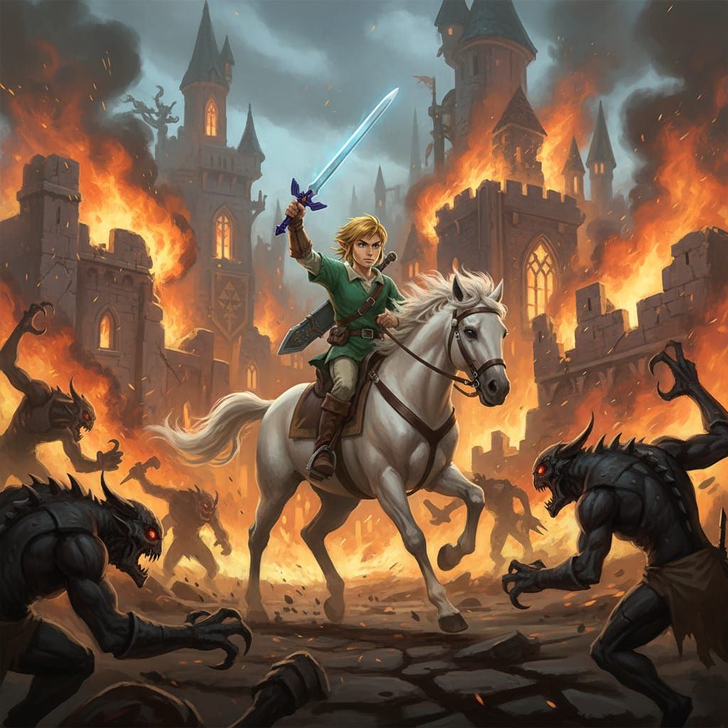 Link's Epic Battle Against Monsters at Hyrule Castle