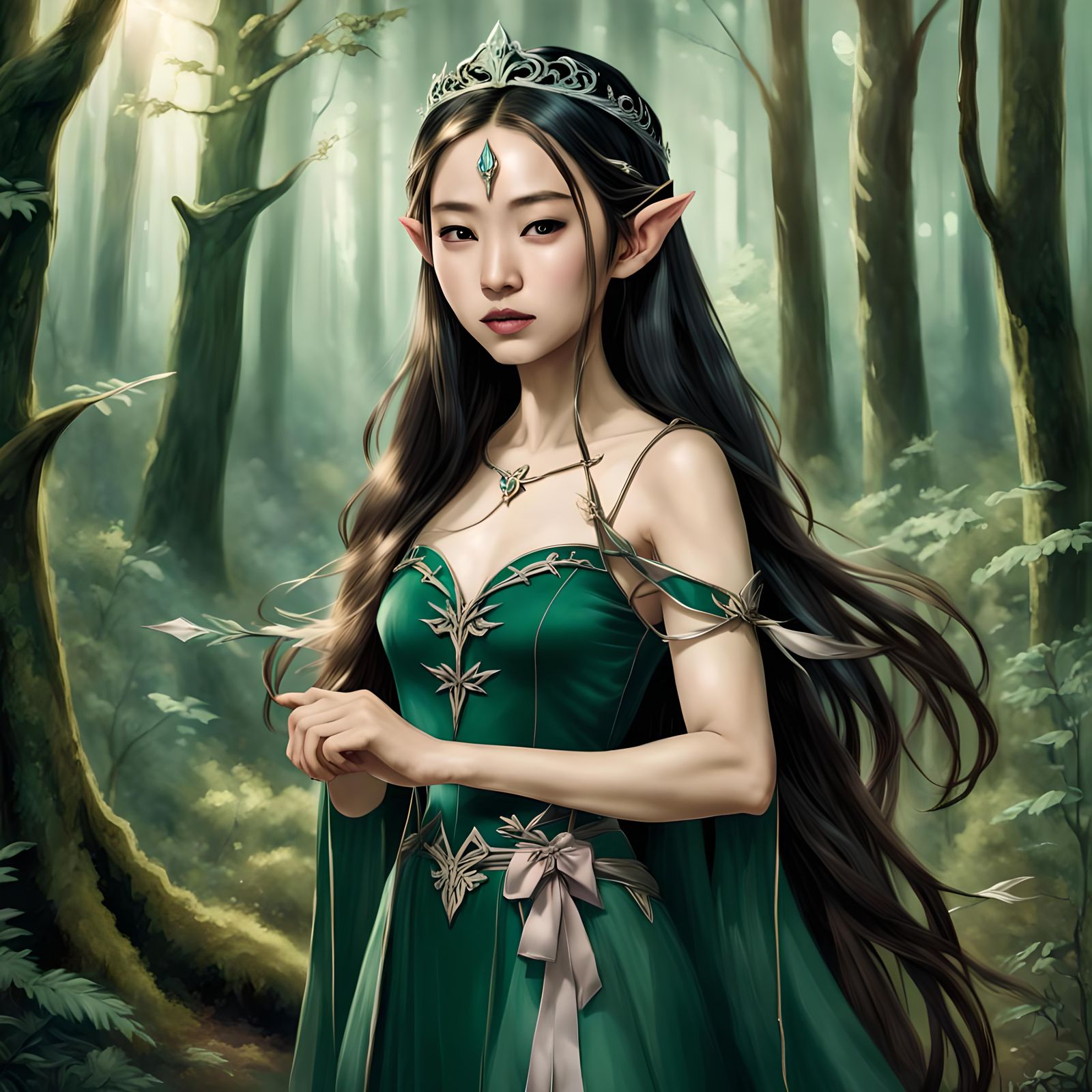 Elven Princess in Forest with Bow and Tiara