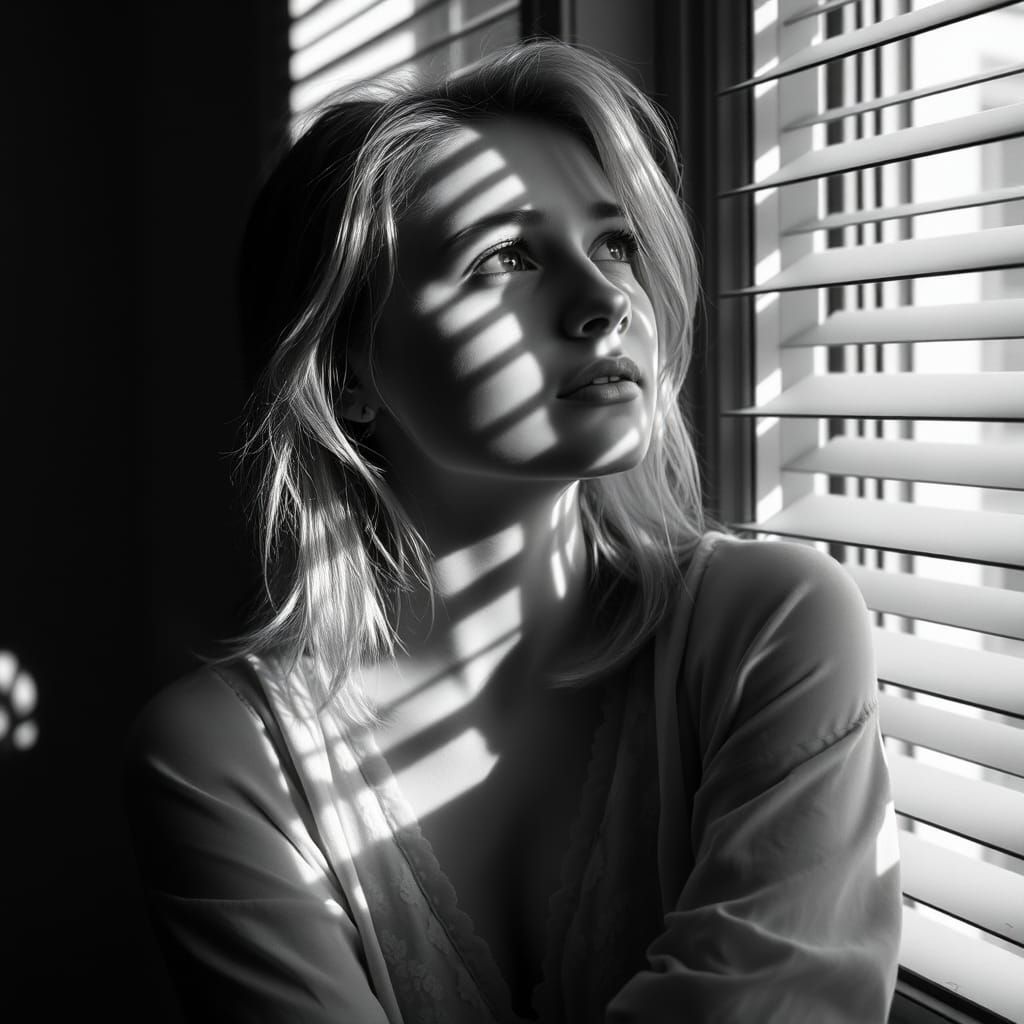 Contemplative Woman in Sunlight: A Black and White Portrait