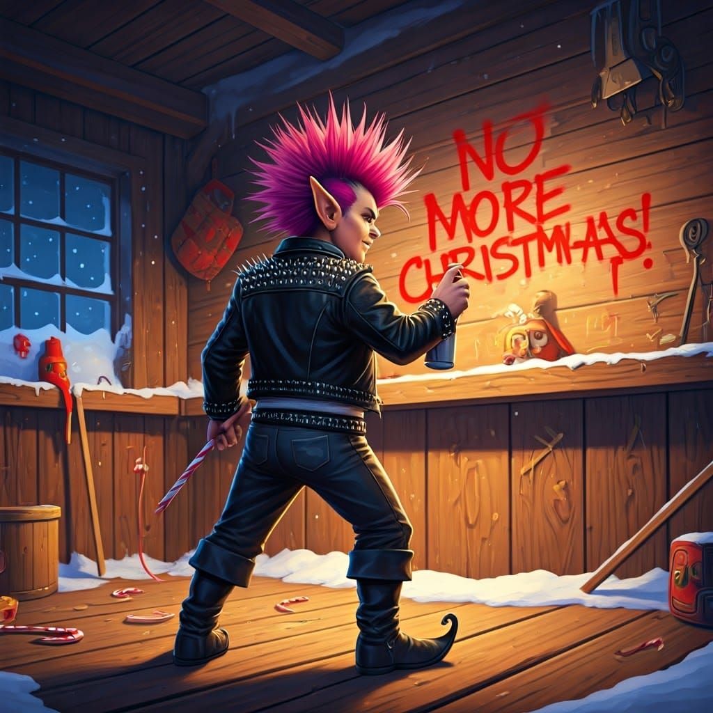 Rebellious Punk Elf Defies Christmas in a Gritty, High-Contr...