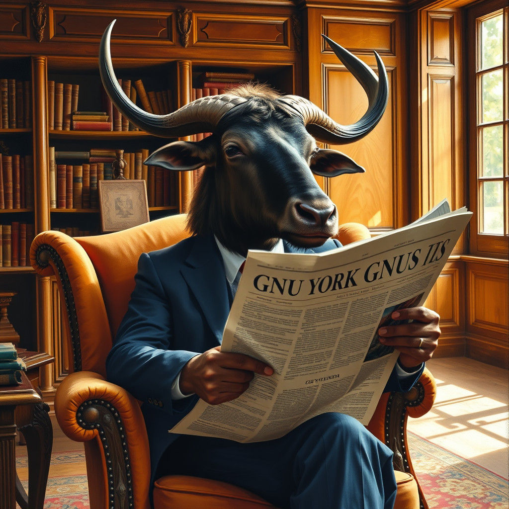 Gnu Reads Newspaper in Impressionist Library