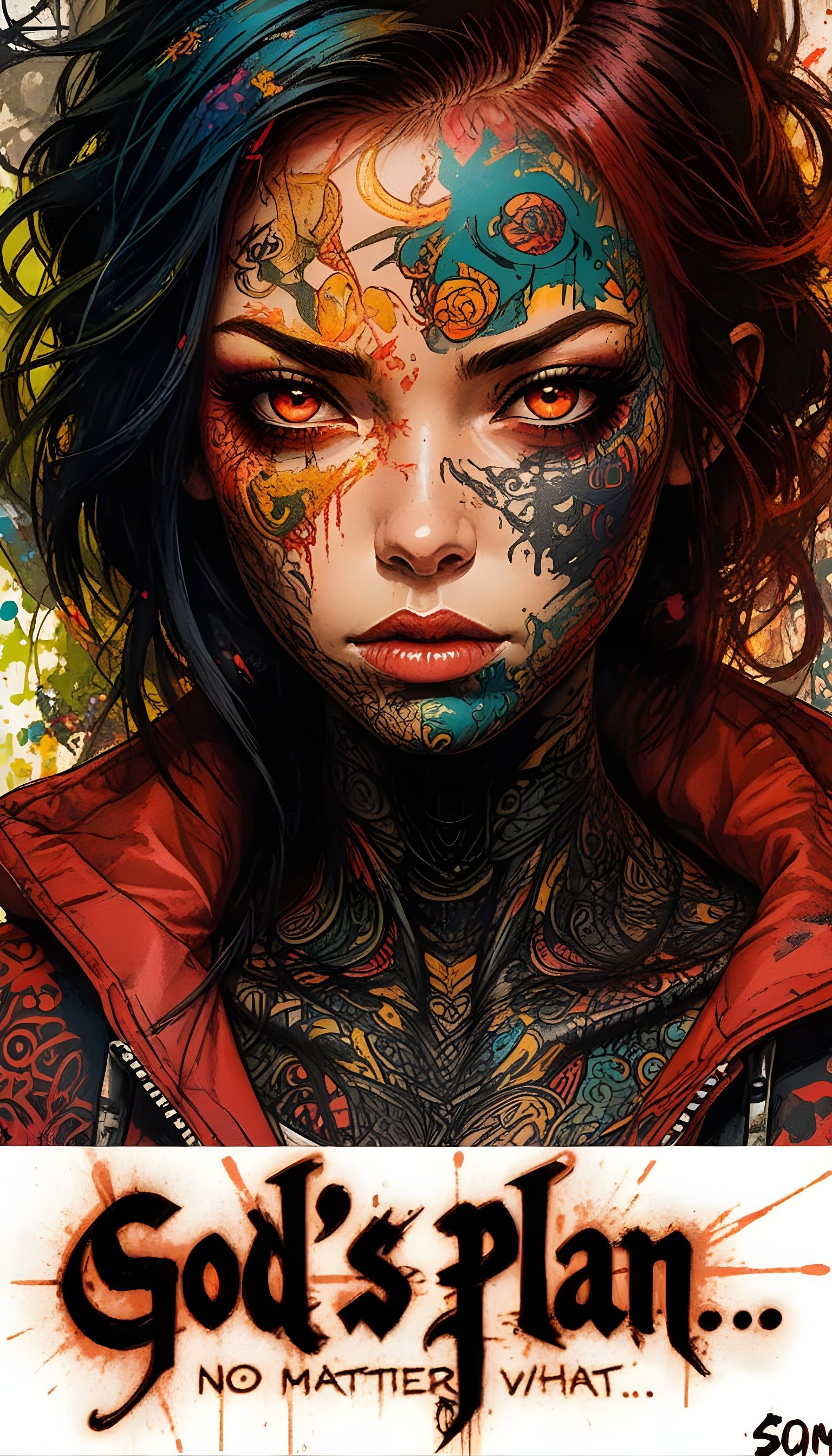 Graffiti Street Tattooed Anime Woman with Evil Glare