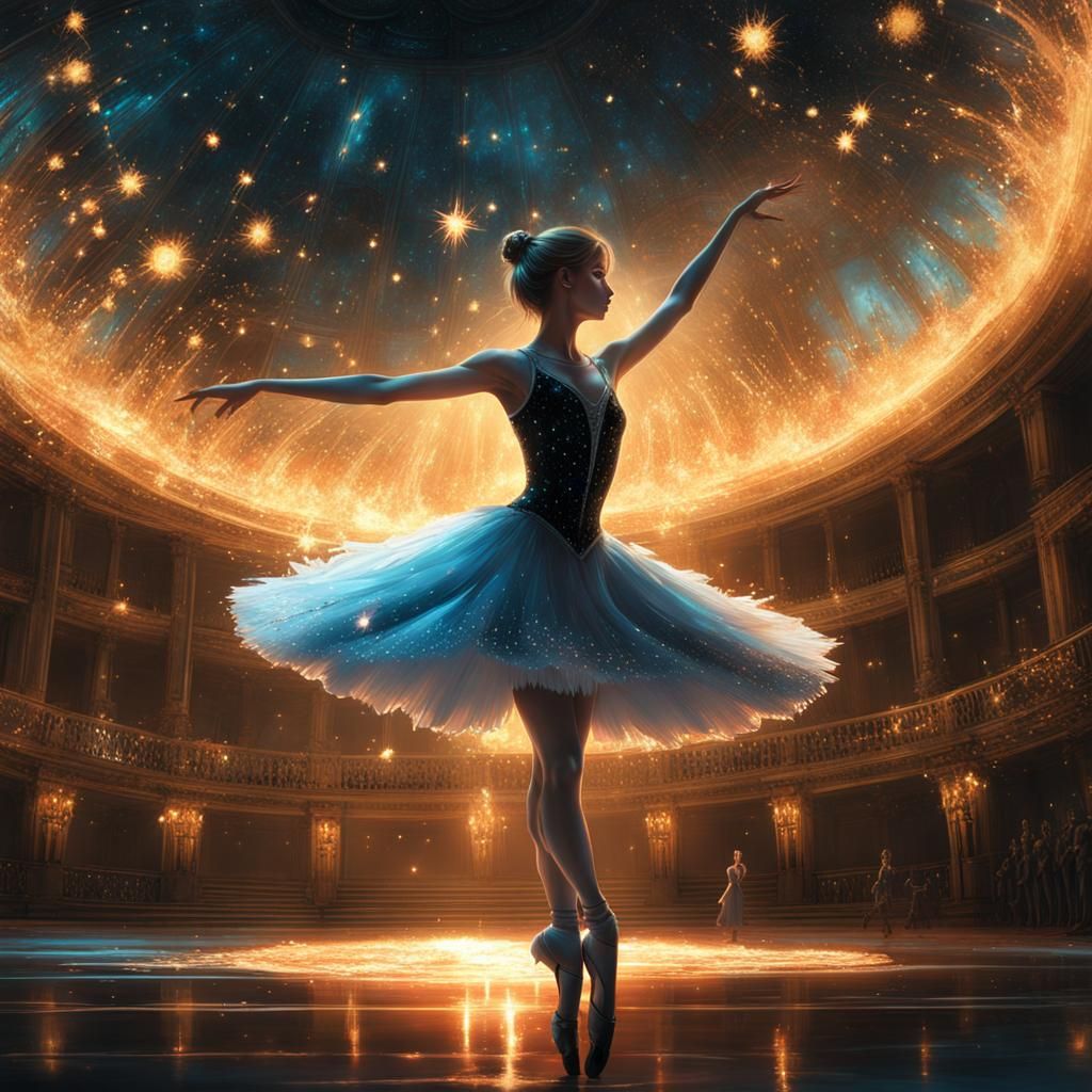 Ballerina in Bioluminescent Ballroom with Stars