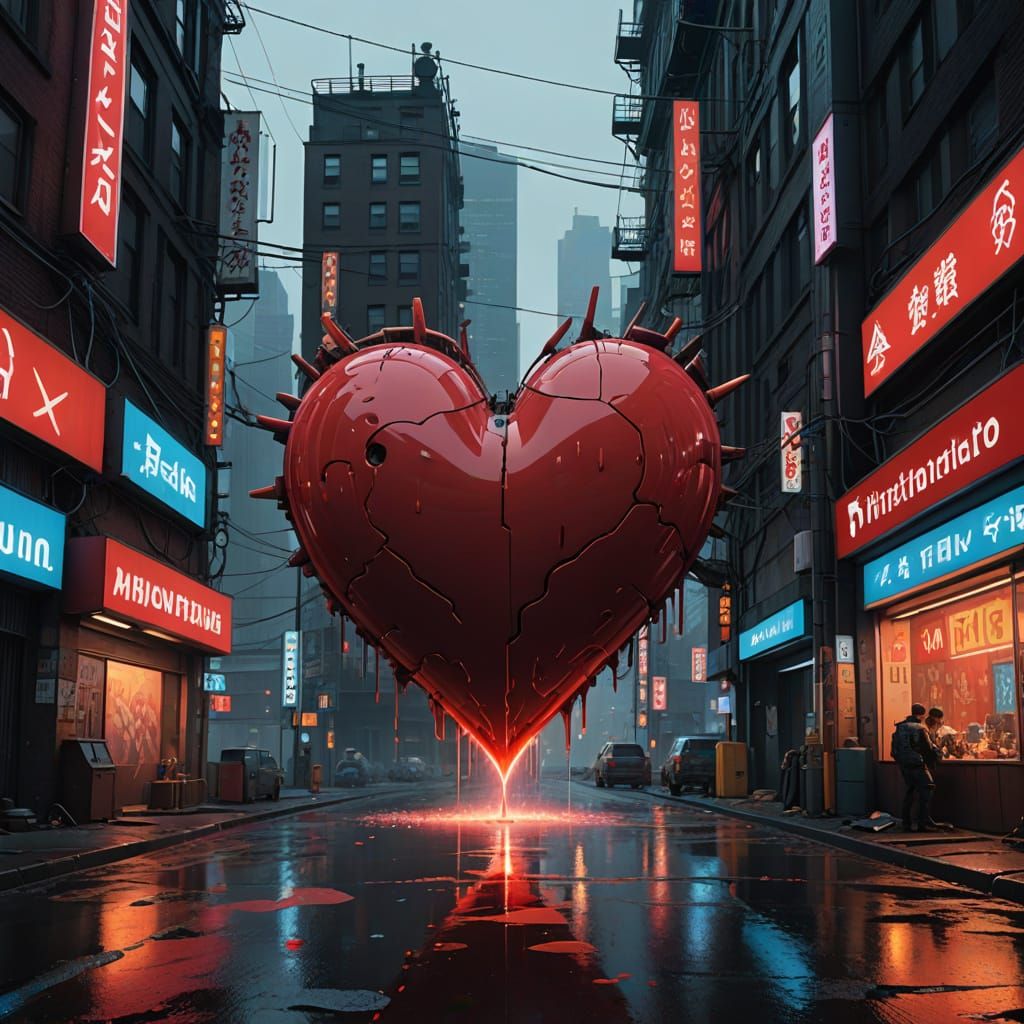 Neon Frost Heart in Dystopian Cityscape