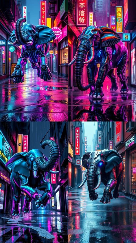 Cyberpunk Cyborg Elephant Leaps Through Futuristic Alleyway
