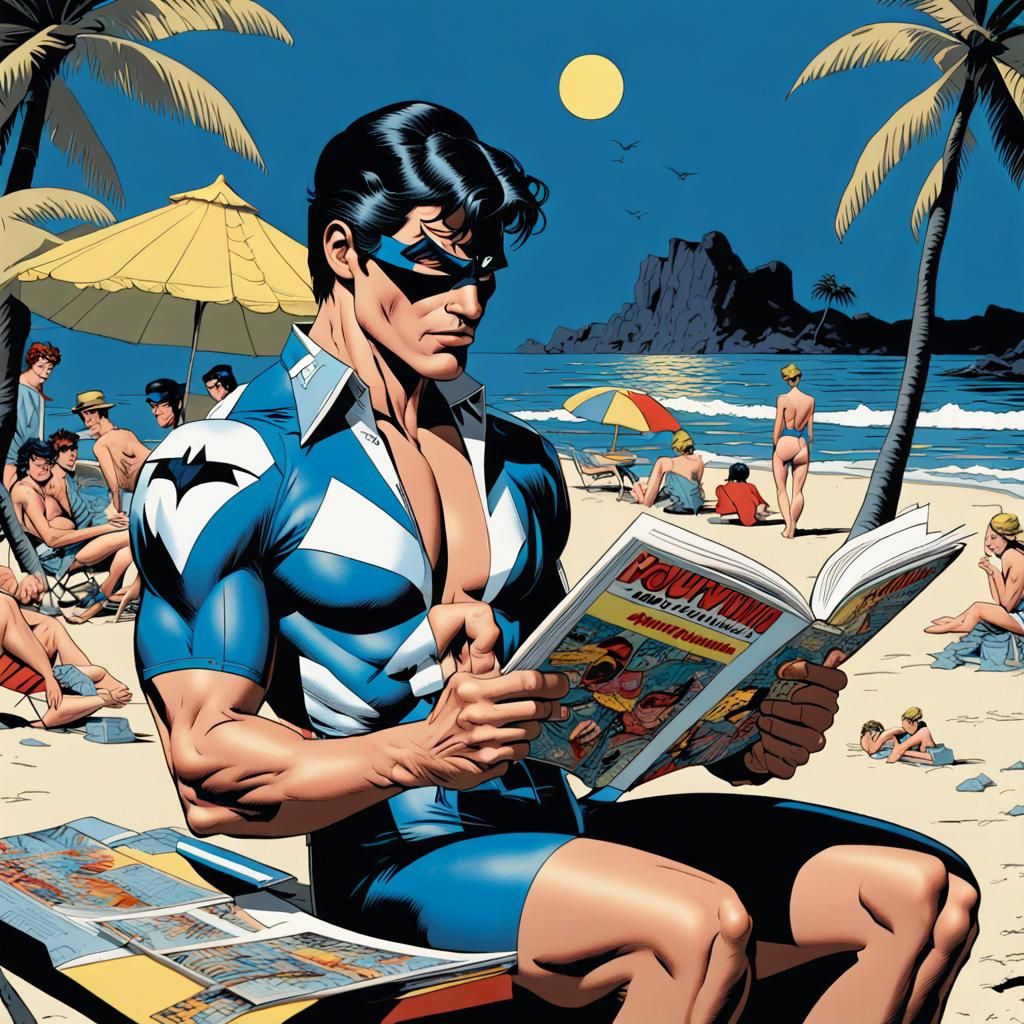 Art by Frank Miller, Roy Lichtenstein, Norman Rockwell, Nightwing on a covert beach getaway, pop art, retro comic biok s...