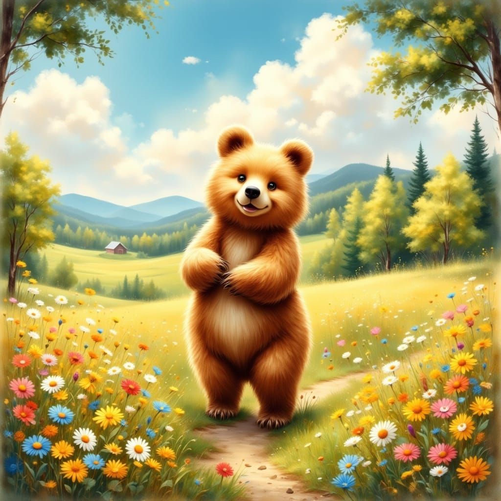 Cuddly Grizzly Bear Strolls in a Sunny Countryside
